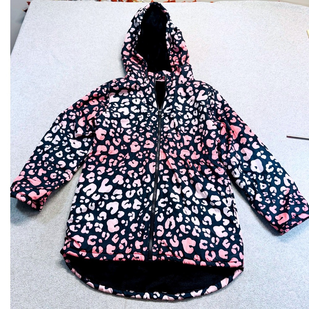 Penelope Mack Girls Coat Size 12 Pink Black Leopard Print Hooded Fleece Lined